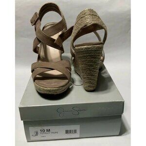 Jessica Simpson Totally Taupe 10M Wedge Sandals With Jute Wrap & Adjustable Stra